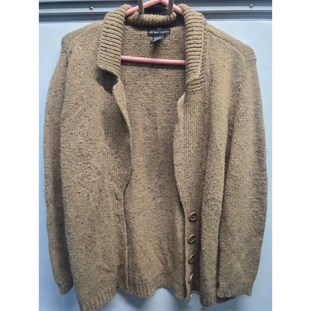 New York & Company Tan Wool Blend Speckled Shawl Collar Cardigan Sweater Large